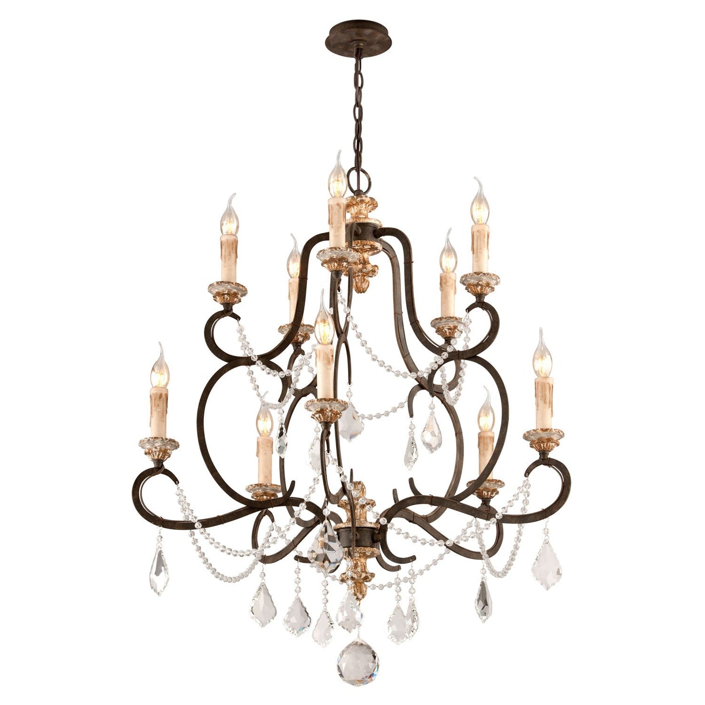 Bronze 10-Light Medium Chandelier w/ Distressed Gold Leaf Crystal
