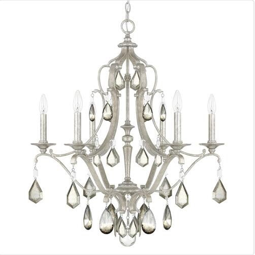 Antique Silver Six-Light Chandelier with Clear and Antique Crystals