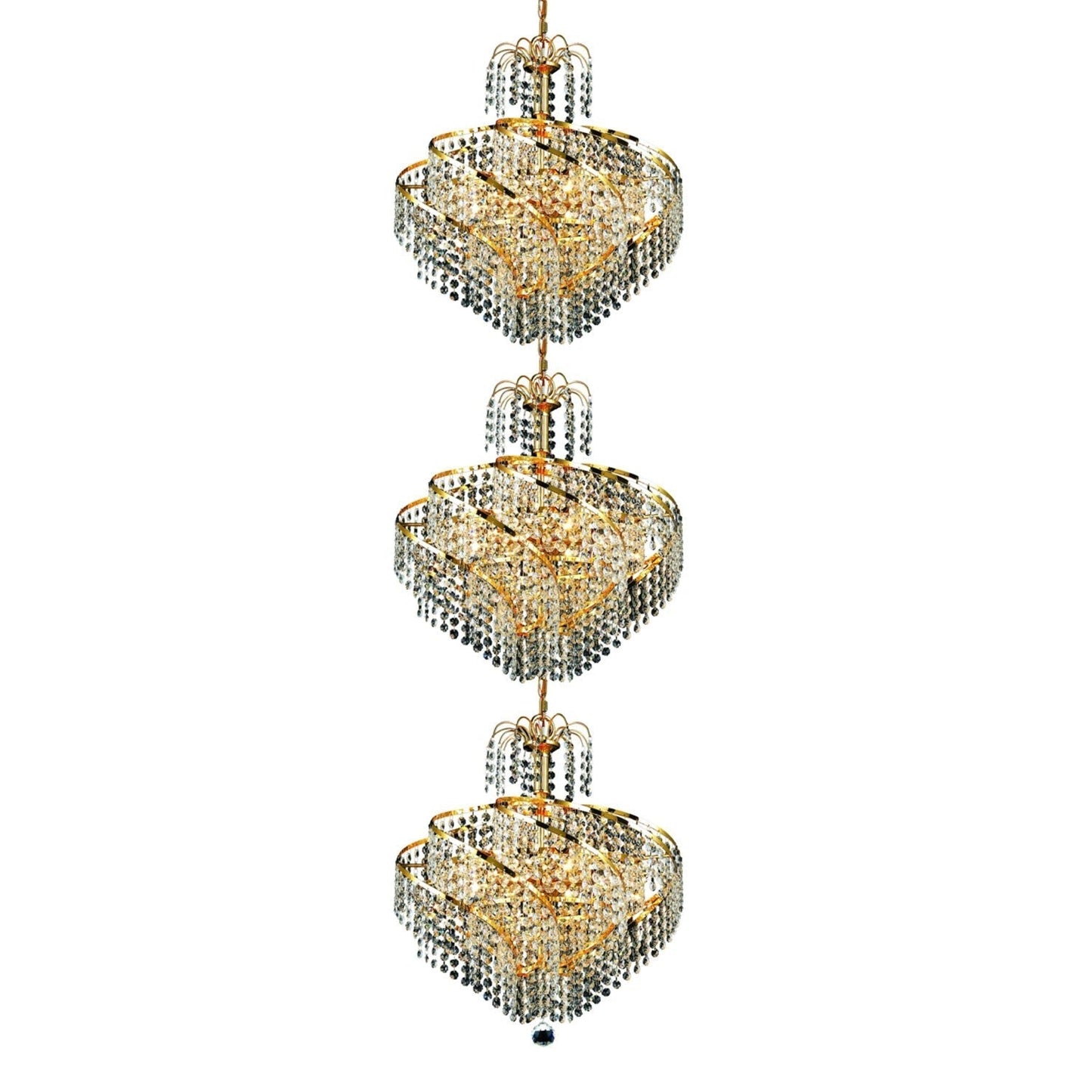 Spiral Gold Twenty-Four Light 18-Inch Three-Tier Pendant with Royal Cut Clear Crystal