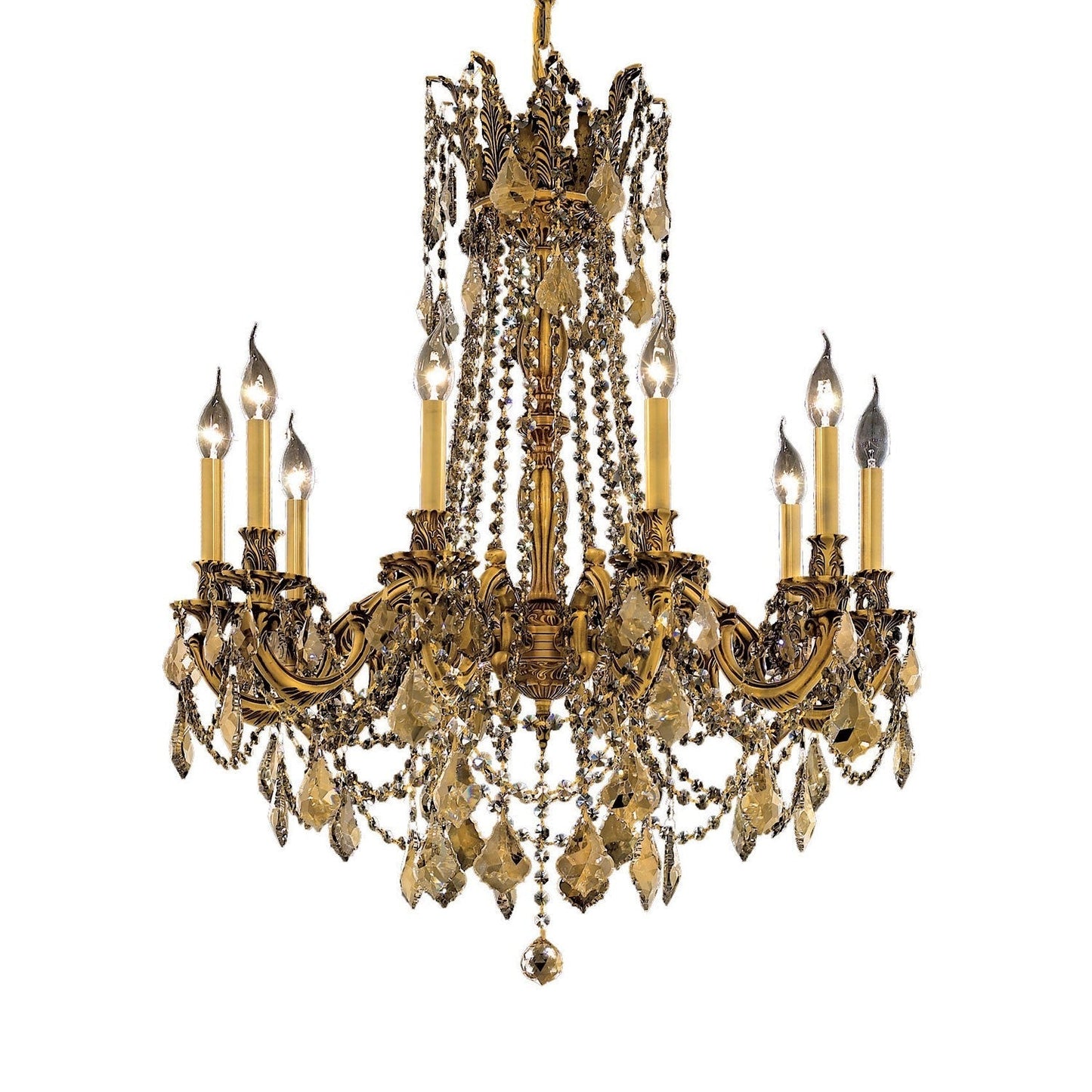 French Gold Ten-Light 28-Inch Chandelier with Royal Cut Golden Teak Smoky Crystal