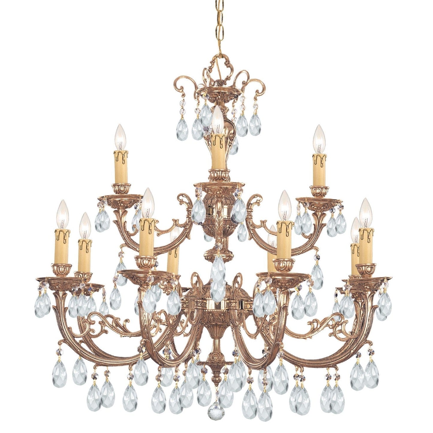 Brass Twelve-Light Chandelier with Swarovski Spectra Crystal