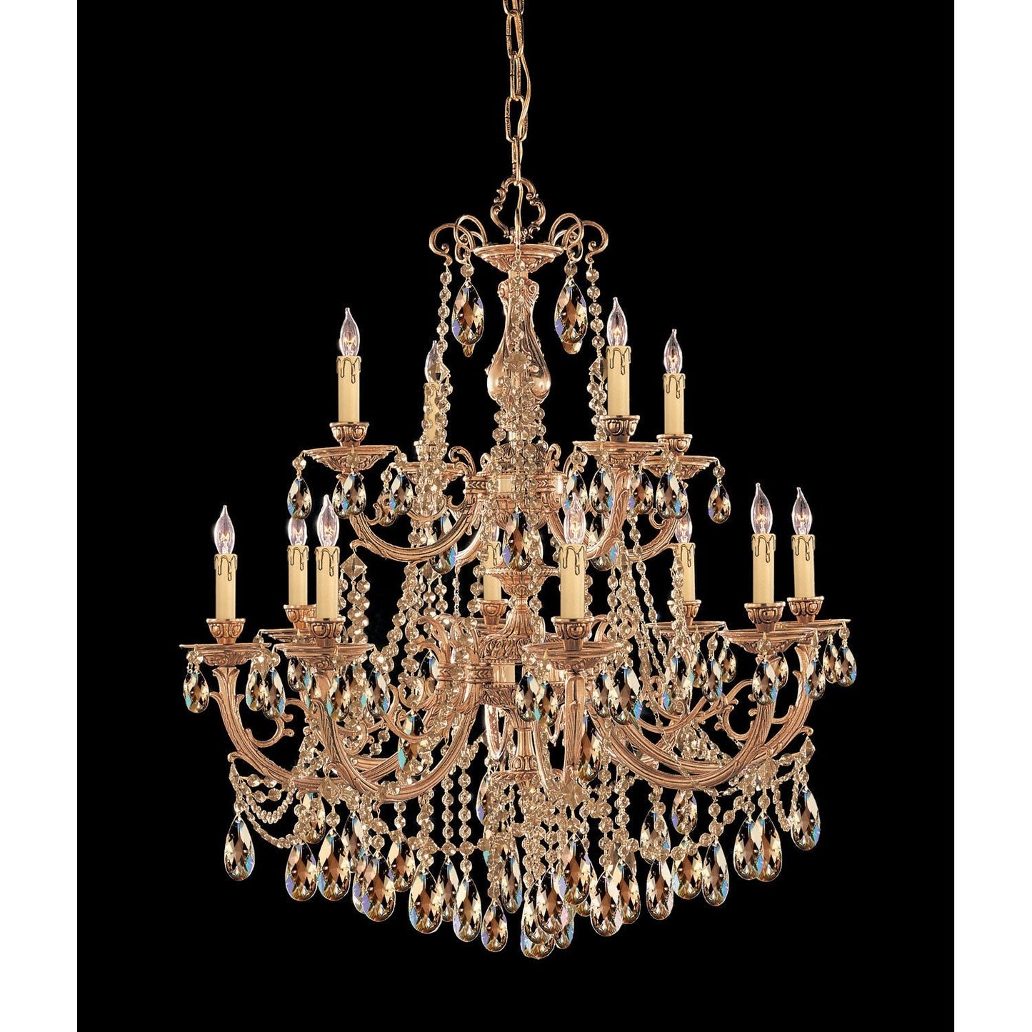 Group Etta Olde Brass Twelve-Light Golden Teak Crystal Chandelier