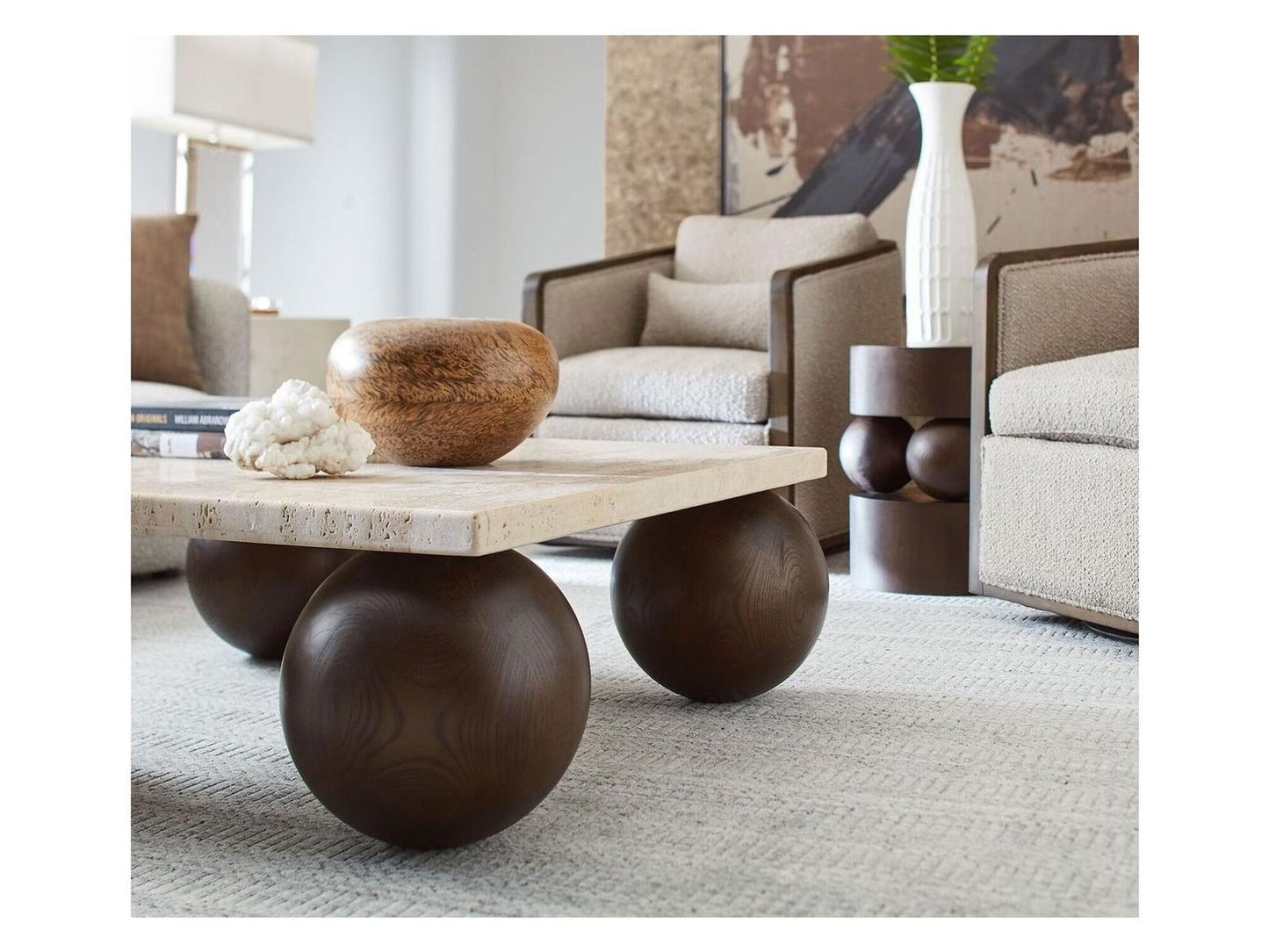 Atlas Square Coffee Table Warm Travertine Solid Oak Wood Dark Cinder
