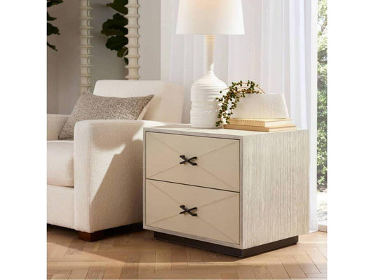 Hartzel Side Table with Ivory Leather Drawers and Smoke Oak Wood