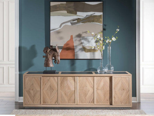 Home Verite Long Media Console in Light Oak and Antiqued Gun Metal