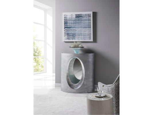 Signature Designs Circa Demilune Glass Textured Gray Silver Leaf Console Table