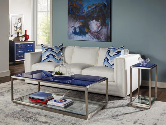 Home Ultramarine Rectangular Coffee Table in Blue Glass and Brushed Stainless