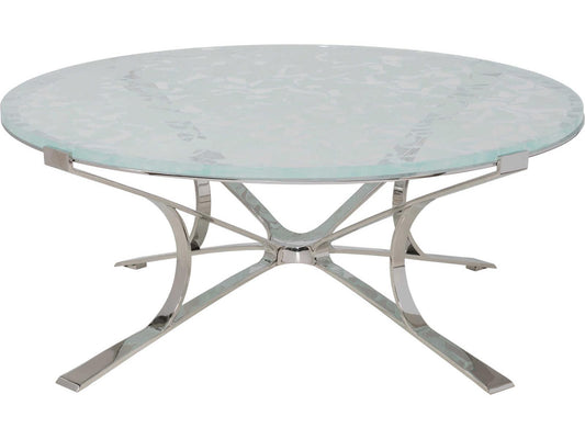 Signature Designs Snowscape Round Glass Coffee Table with Polished Stainless Steel Base