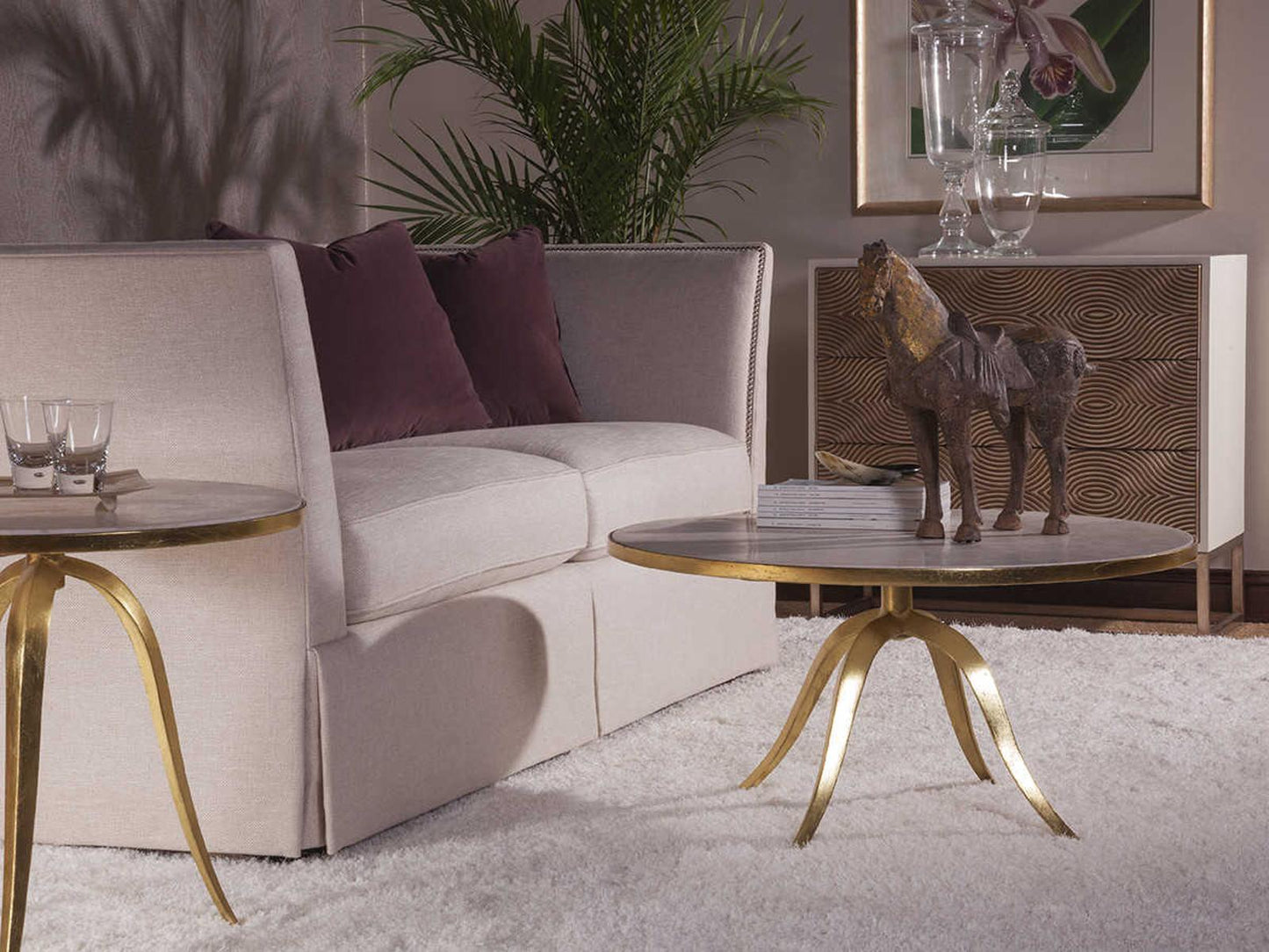 Home Crystal Stone Round Coffee Table in Gold Foil and White