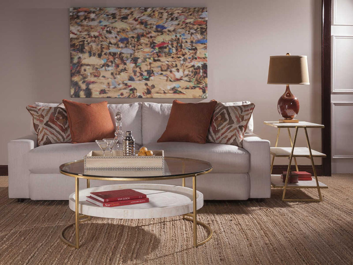 Home Cumulus Round Cocktail Table Gold Foil with Crystal Stone Shelf