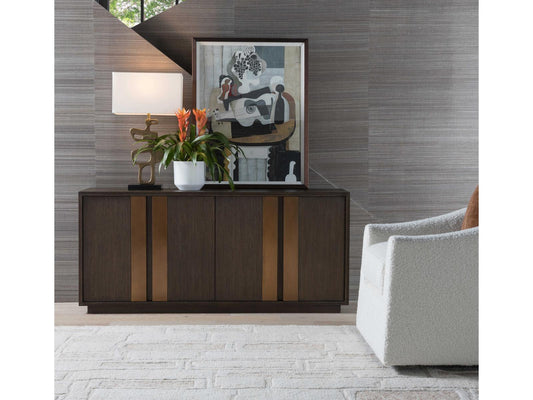 Home Andare 67-Inch Media Console TV Stand in Wire Brushed Brown Wood and Brass