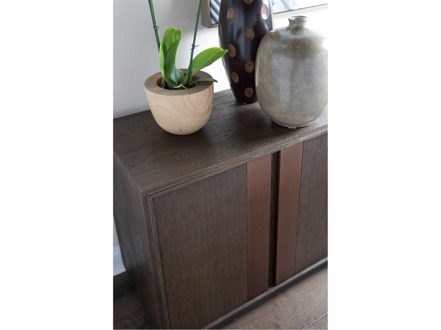 Home Andare 67-Inch Media Console TV Stand in Wire Brushed Brown Wood and Brass