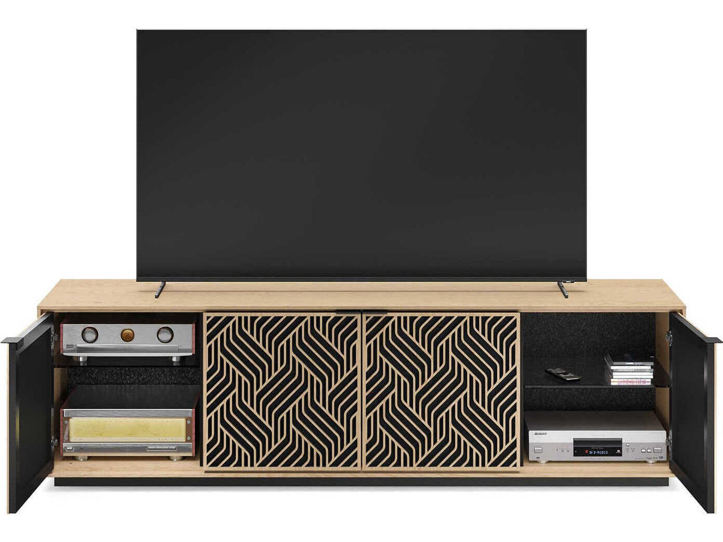 Elements 8703 Weave Media Storage Cabinet Washed Oak with Rolling Plinth Base