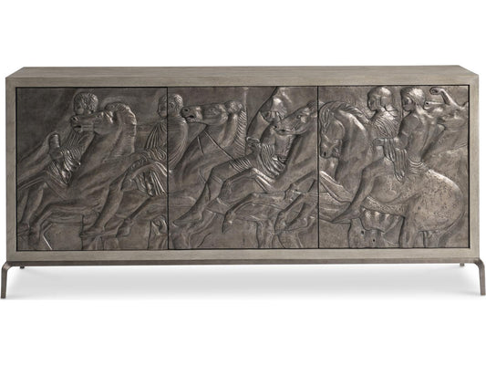 Elysia 74-Inch Three-Door Buffet with Roman Frieze Design in Weathered Greige and Dark Bronze