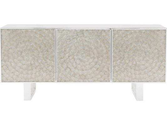 Interiors Helios Entertainment Credenza White Capiz Shell and Polished Stainless Steel