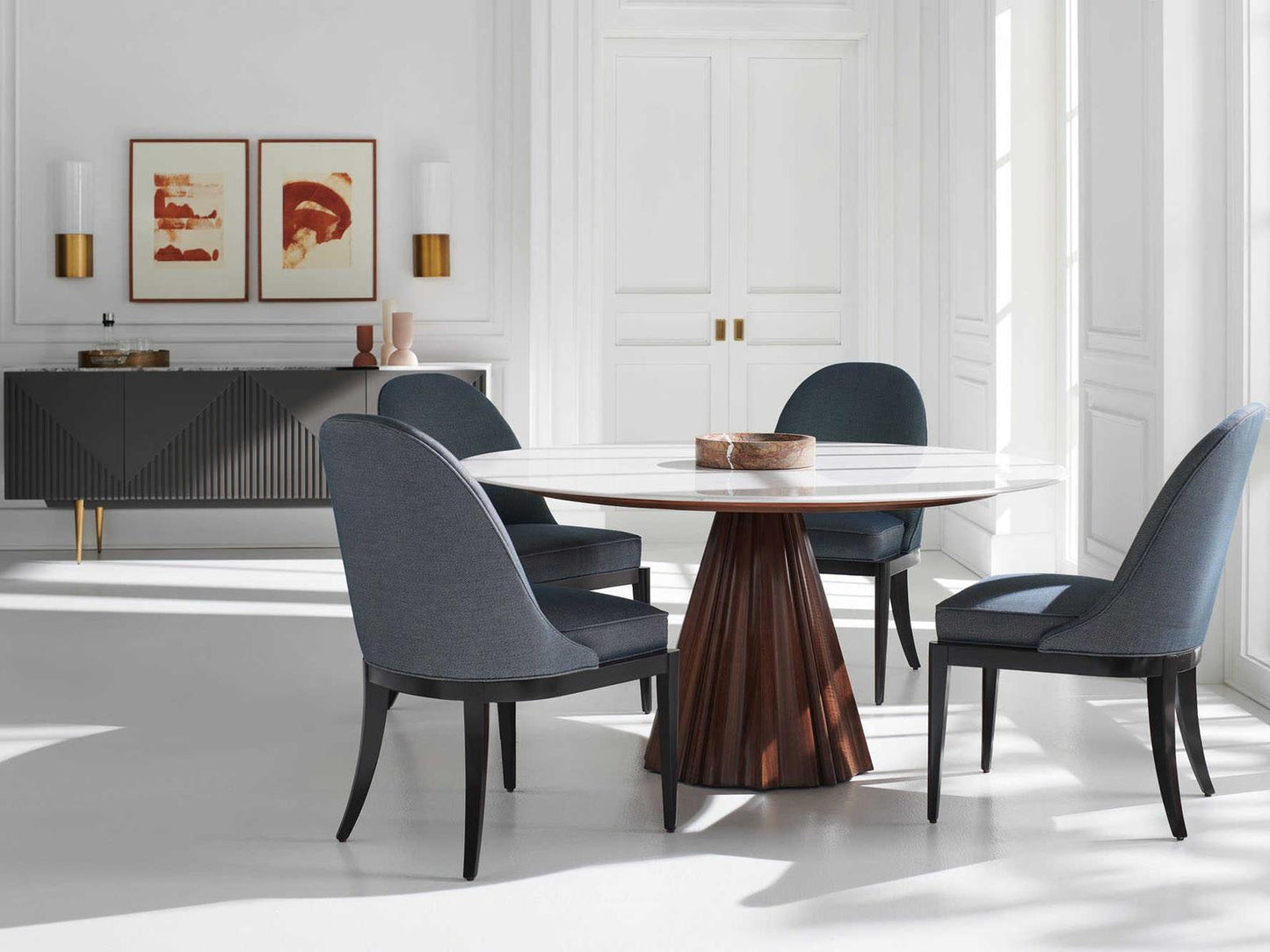 All Natural 60-Inch Round Dining Table with White Marble Top and Rich Walnut Base