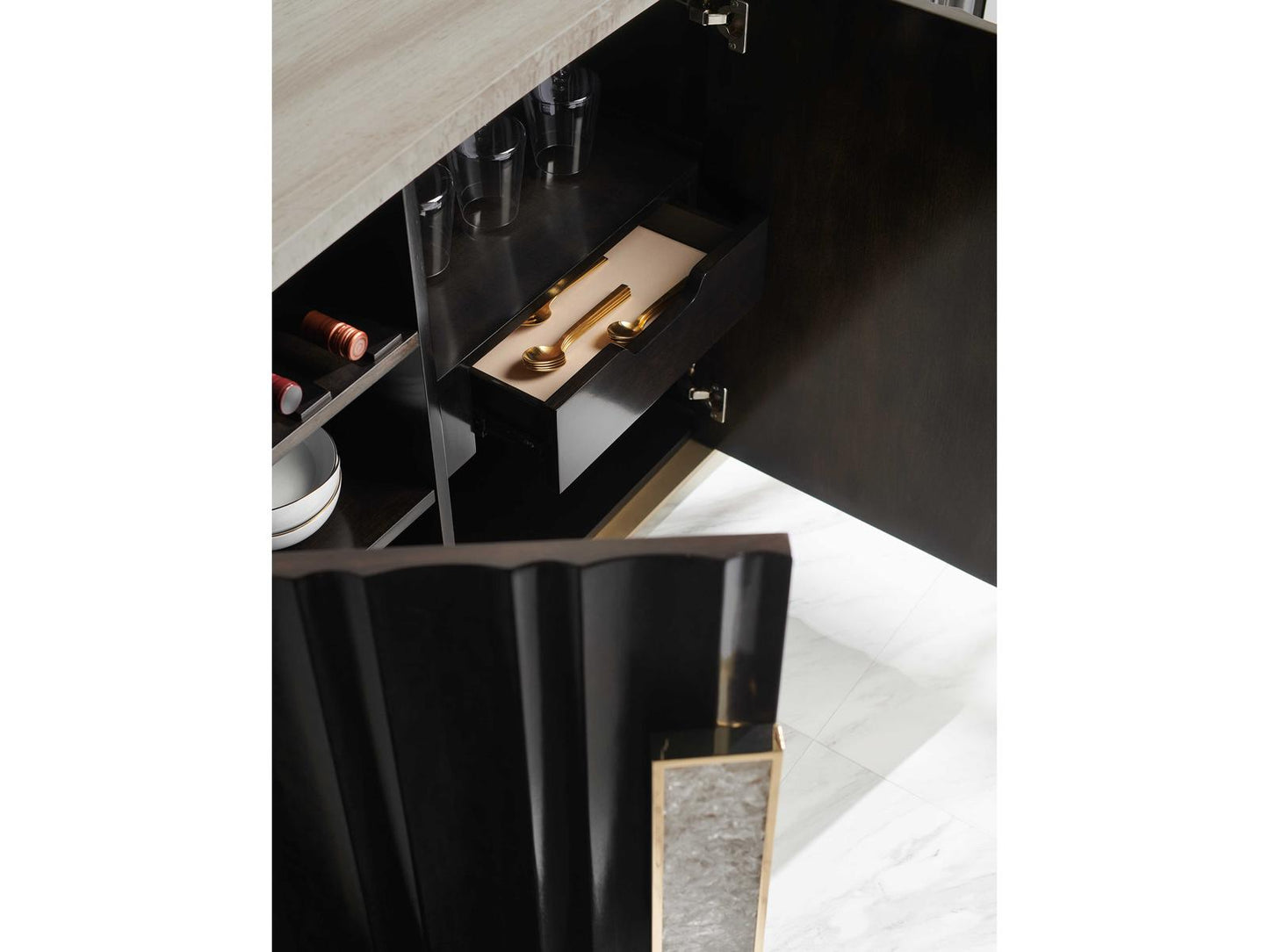 Crushing It Handcrafted Buffet with Silver Travertine Top in Charred Bark