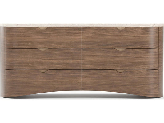 Fleur 6-Drawer Dresser in Porcini with Travertine Top and Gold Hardware