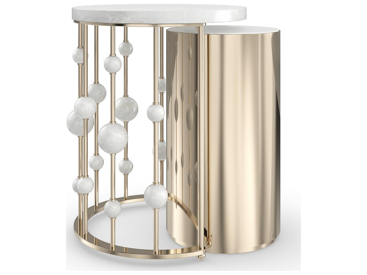 Orbit Round Nesting Accent Table Set in White Rhino Marble and Whisper of Gold