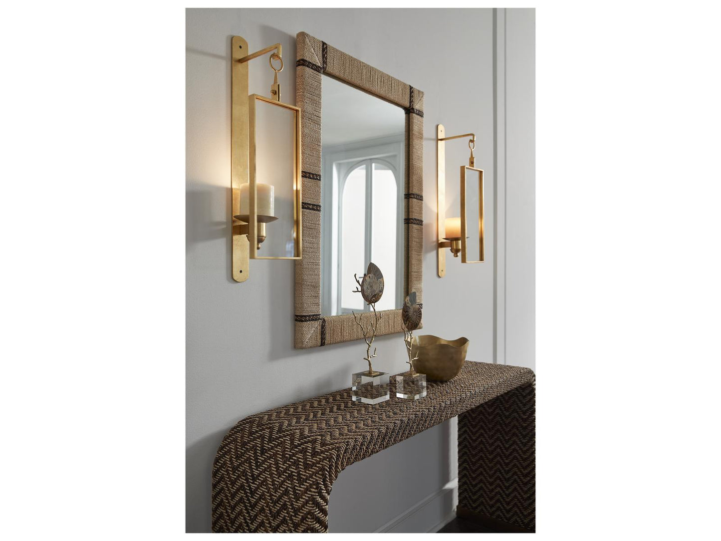 Bill Cain Rope Waterfall Console Table in Brown and Gold Abaca Rope