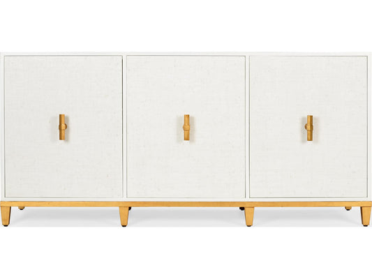 Avery Console Table in White with Raffia Doors and Gold Leaf Hardware