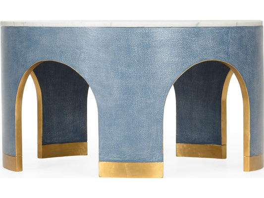 Elizabeth Wicker Aqueduct Round Marble Blue White Cocktail Table -