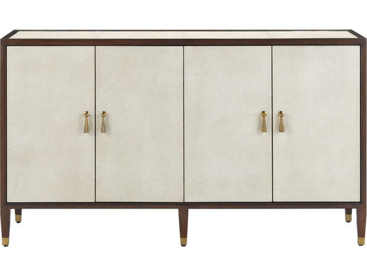 Currey and Company Evie Shagreen Credenza in Ivory and Dark Walnut with Brass Pulls