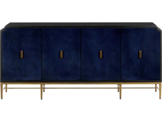 Currey and Company Kallista 4-Door Sycamore Veneer Credenza in Dark Sapphire Blue and Caviar Black