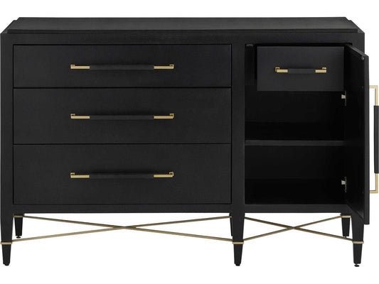Currey and Company Verona Three-Drawer Chest in Black Lacquered Linen and Champagne