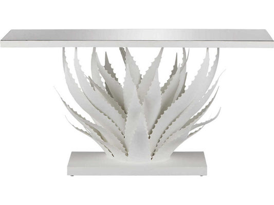 Agave Rectangular Glass Gesso White Mirror Console Table