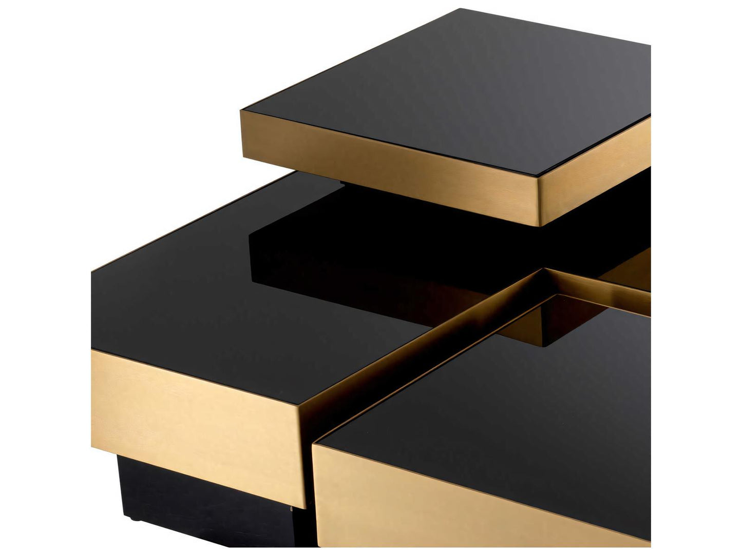 Nio Set of 4 Coffee Tables with Black Glass and Brushed Brass Finish