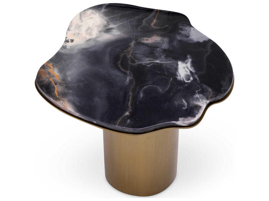 Forma Brushed Brass Grey Marble Side Table with Oak Veneer Tray