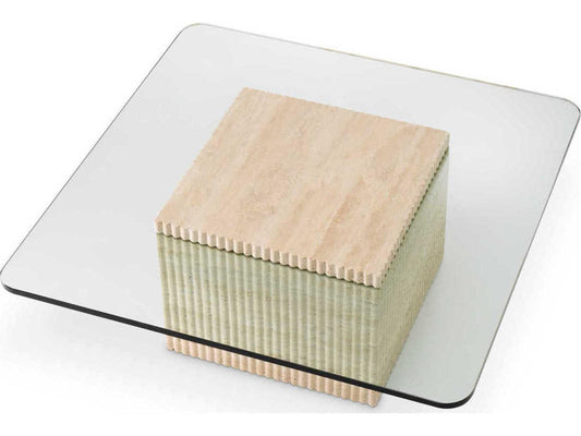 Brindisi Square Travertine Coffee Table with Clear Glass Top