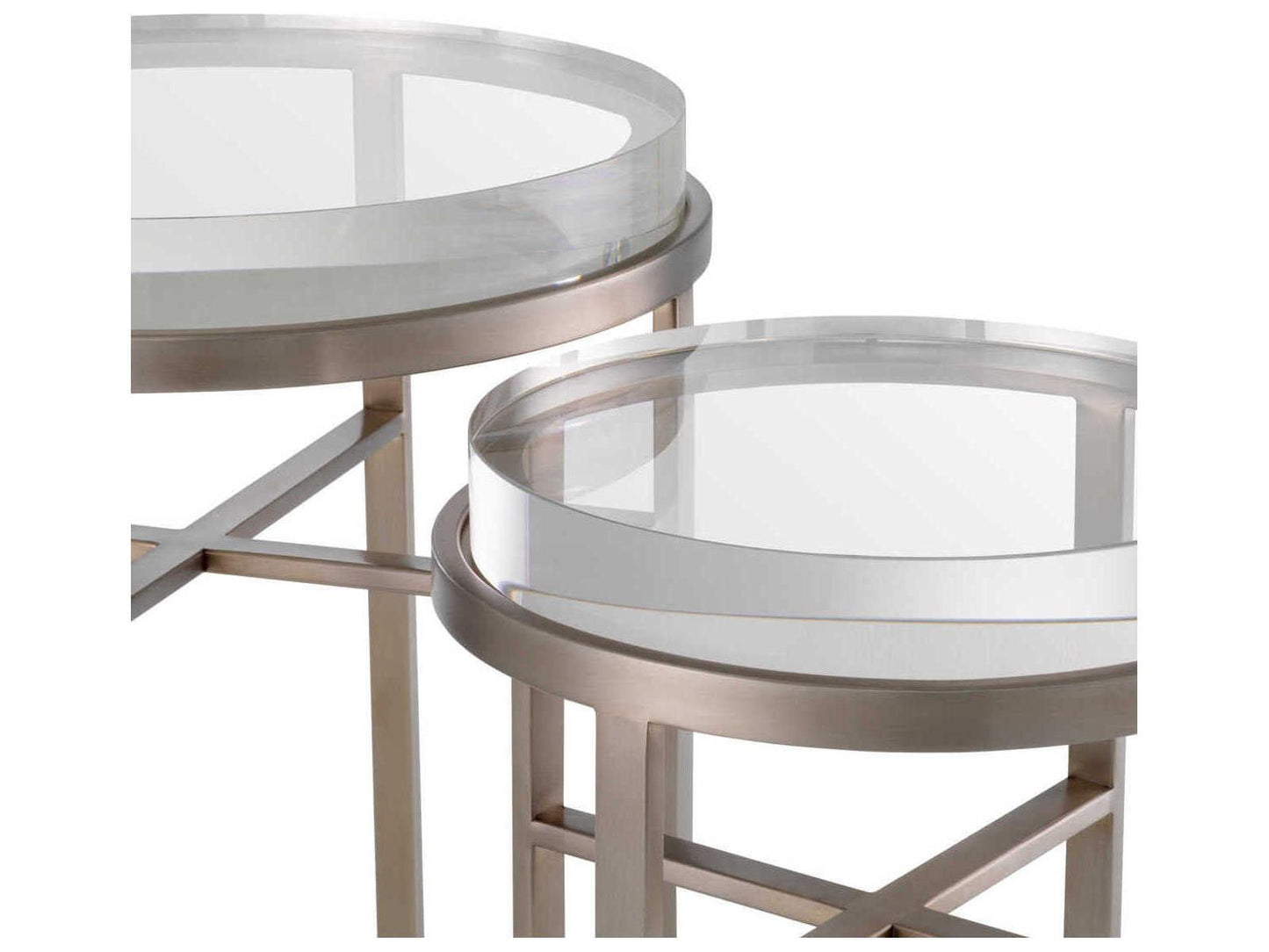 Hoxton Round Nesting Side Table Set in Brushed Steel with Clear Glass