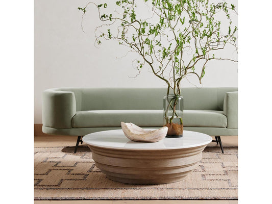 Hughes Caldwell Round Coffee Table in Weathered Blonde Pine and White Marble