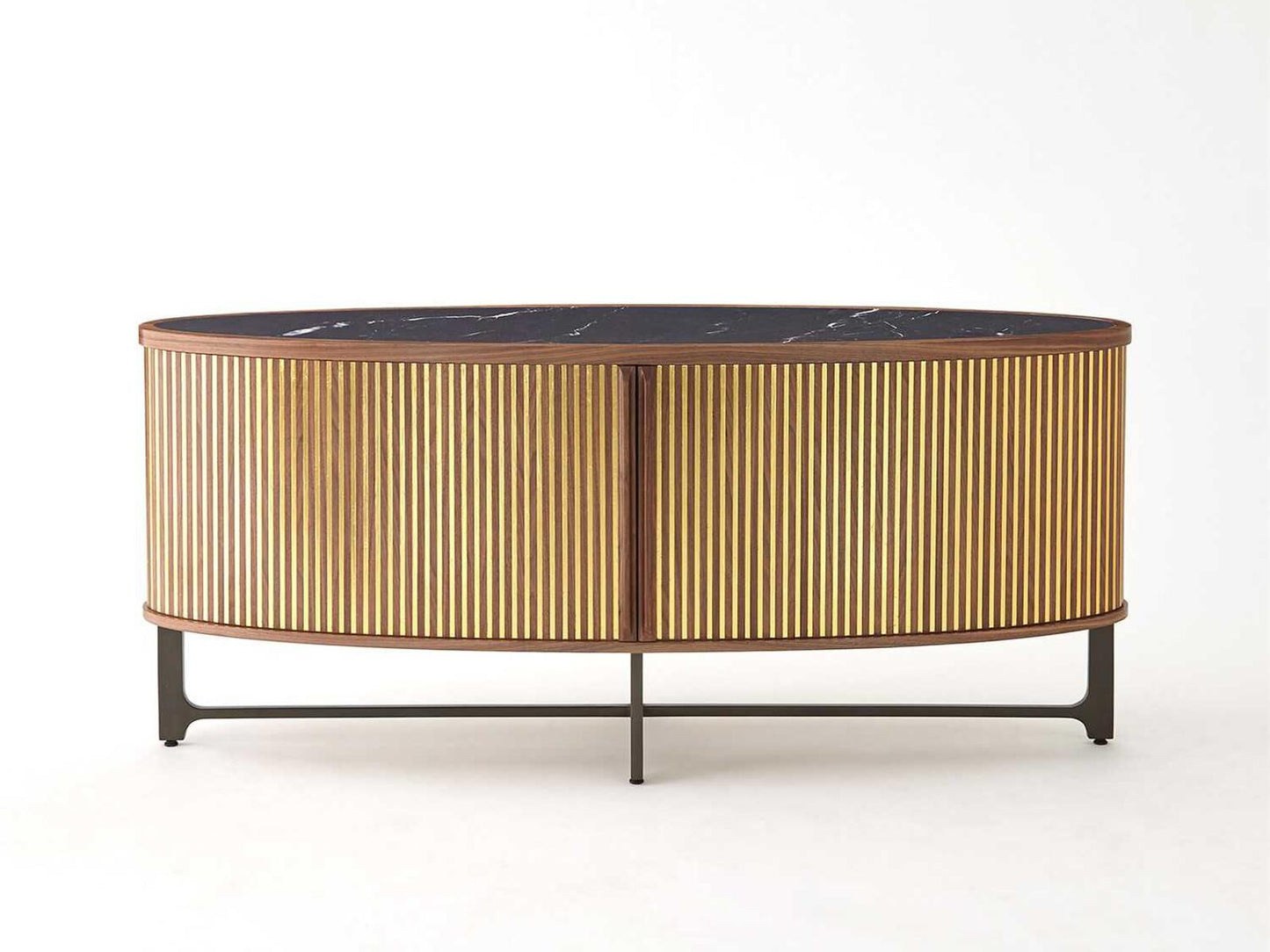Cabriolet 70-Inch Walnut Wood Media Console with Gold Leaf and Gunmetal Accents