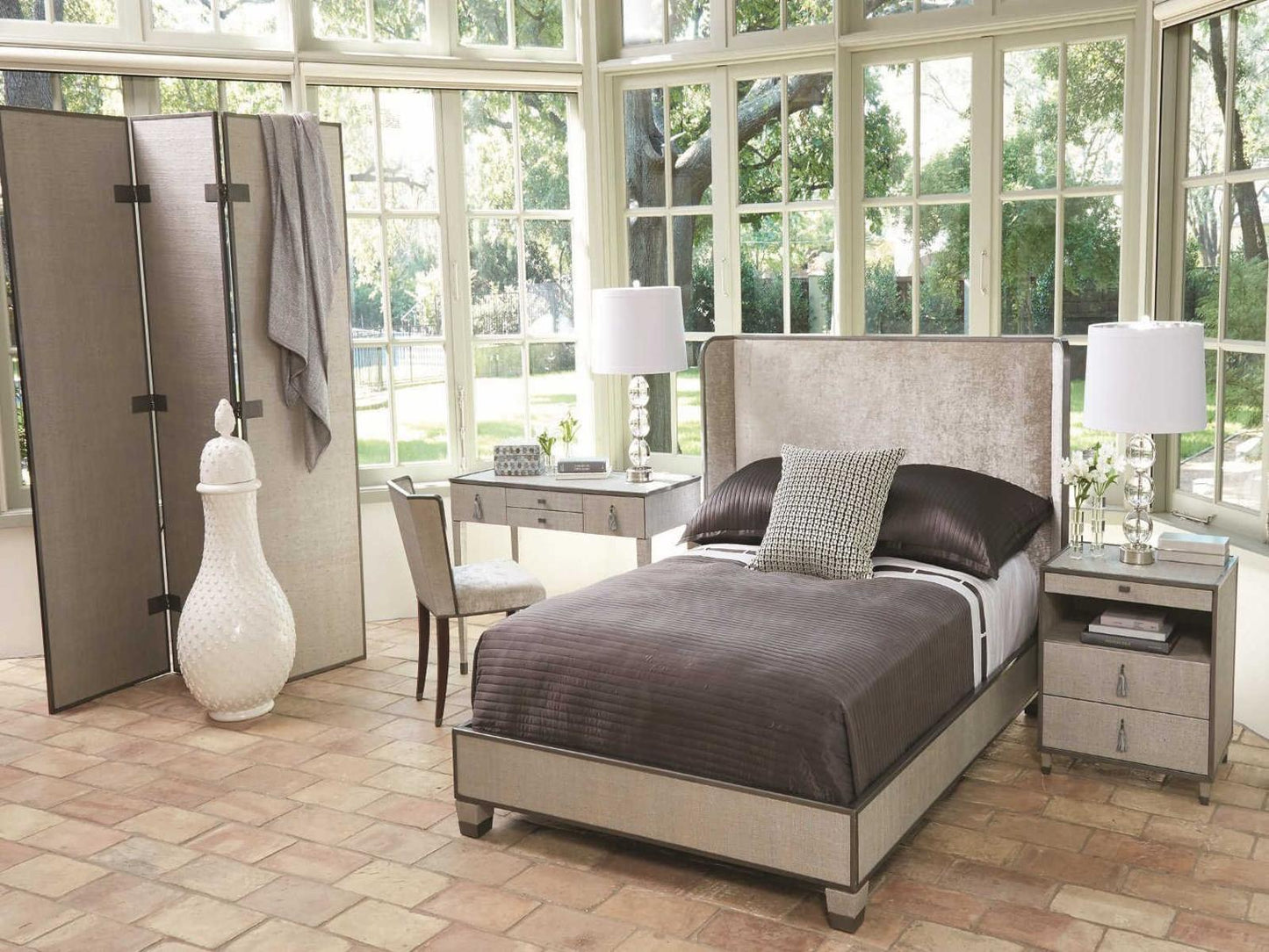 Argento Queen Platform Bed with Pewter Trim and Velvet Upholstery
