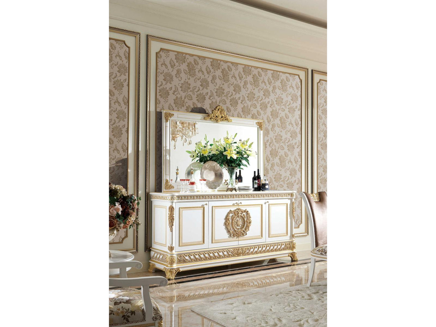 E-62 87 Inch Solid Wood Sideboard with Walnut Accents and Gold Inlay