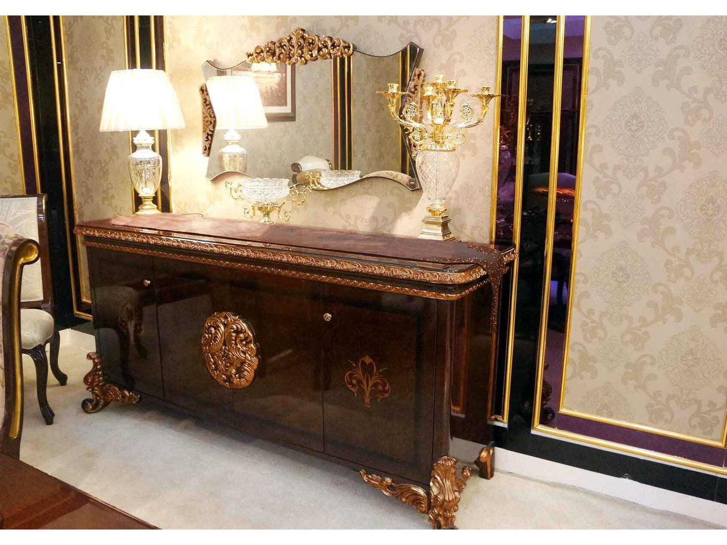 E-63 Traditional Walnut Wood Sideboard with Antique Gold Accents