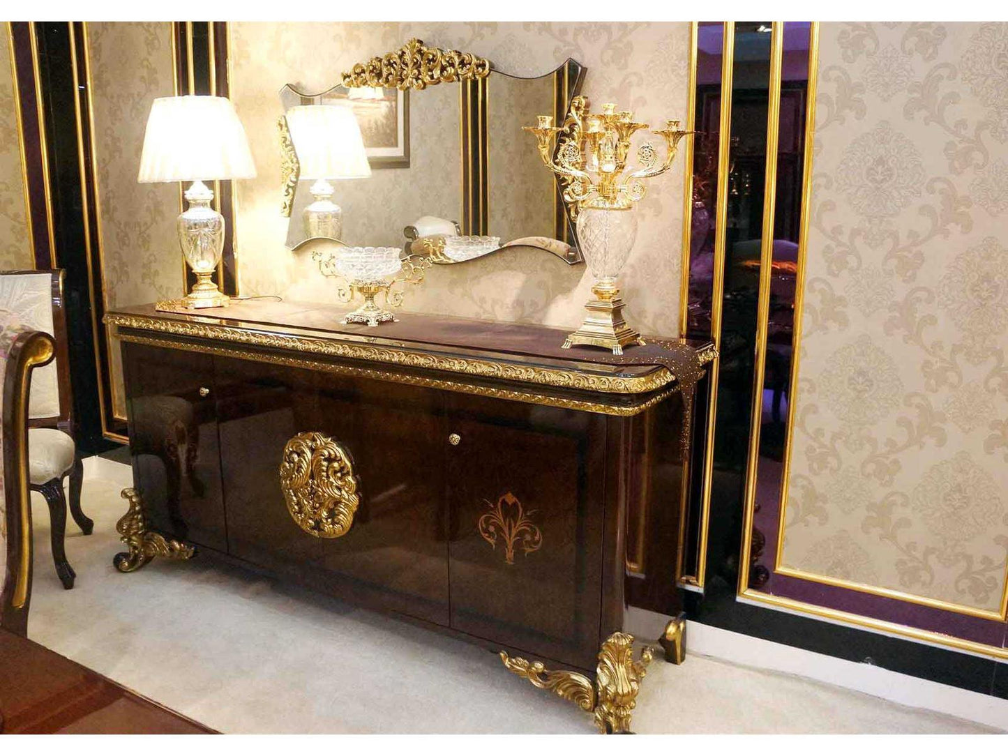 E-63 78-Inch Walnut Wood Sideboard with Gold Accents