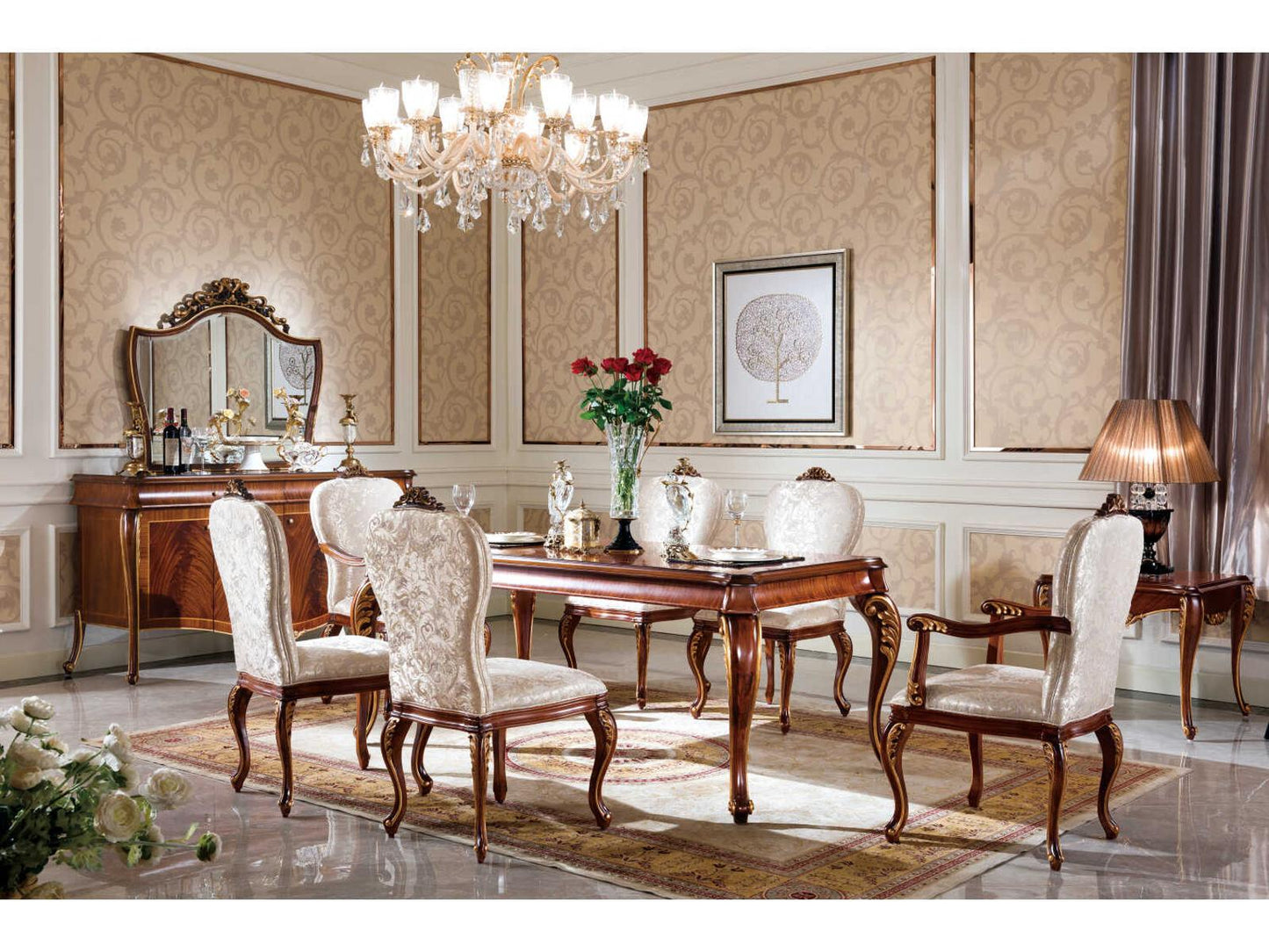 E-70 Rectangular Wood Dining Table in Walnut with Gold Accents