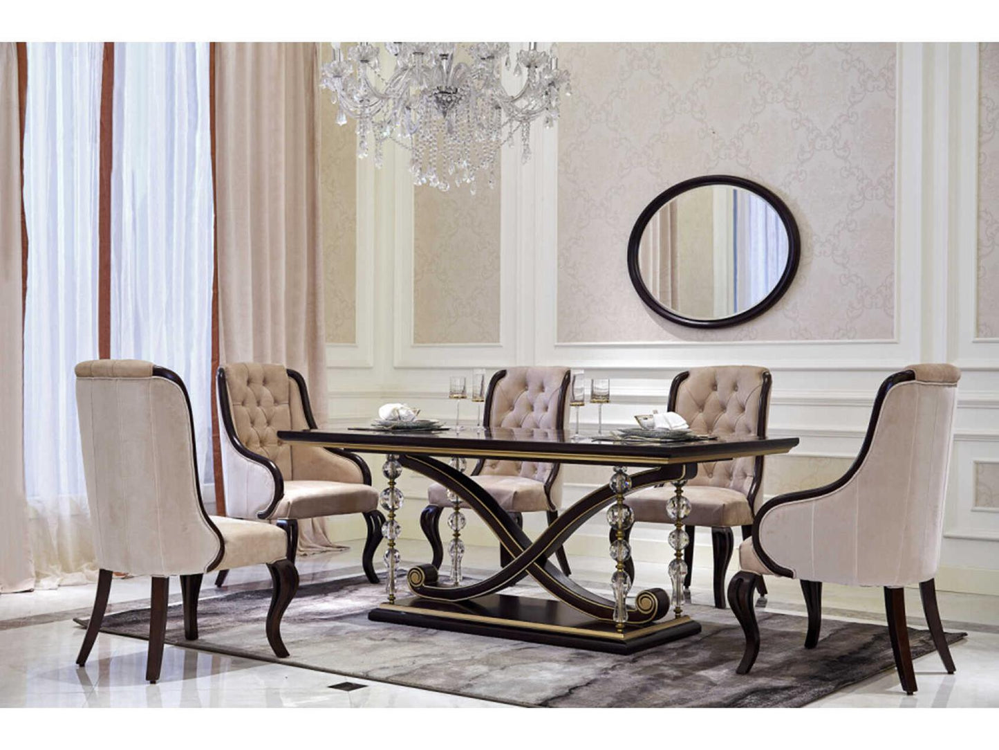 E-71 Rectangular Wood Dining Table in Walnut with Gold Accents