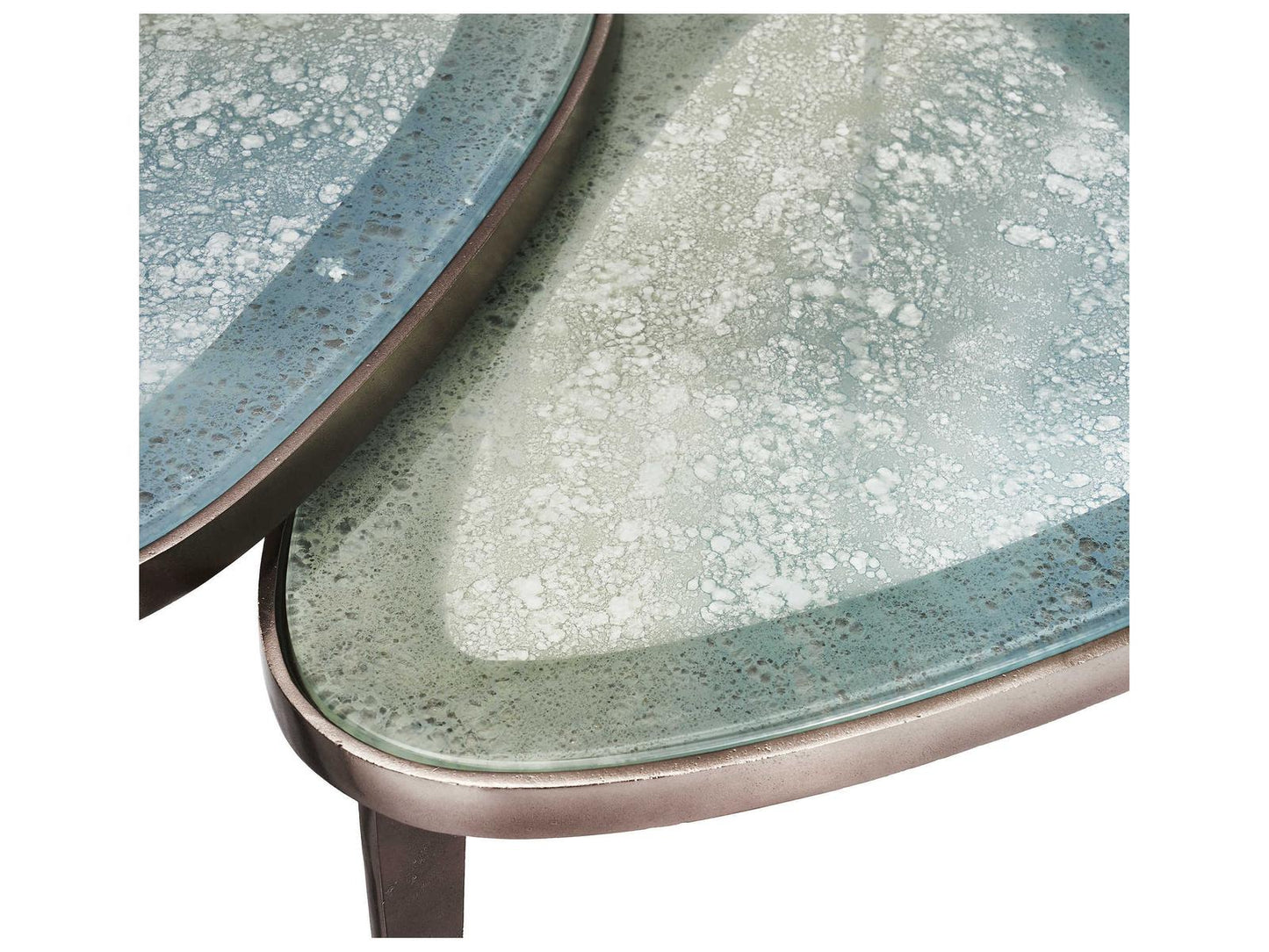 Jan Bunching Antique Nickel Blue Grey Reactive Glass Coffee Tables