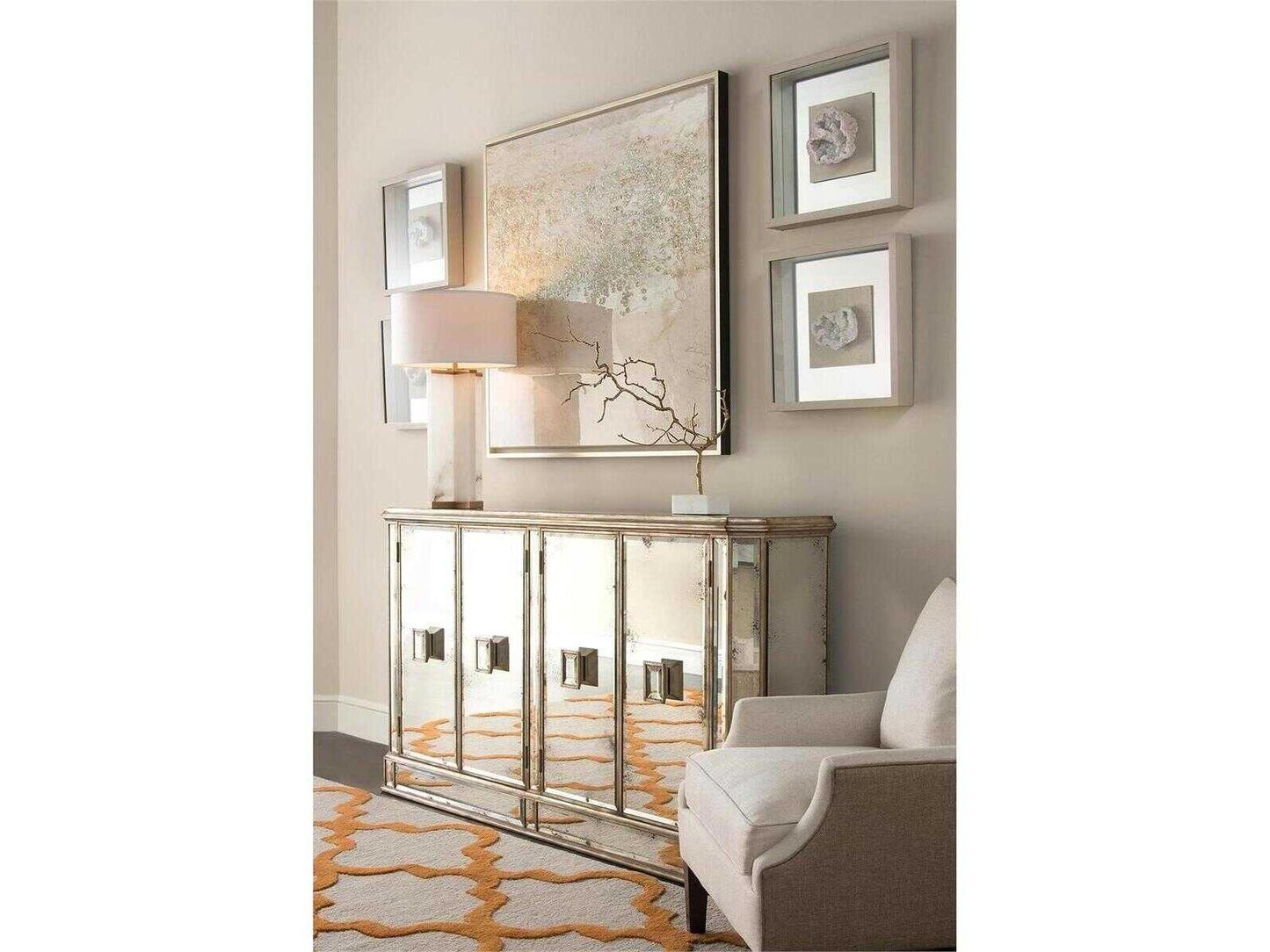 Juno Four-Door Credenza with Foxed Mirror Panels and Parisian Silver Finish