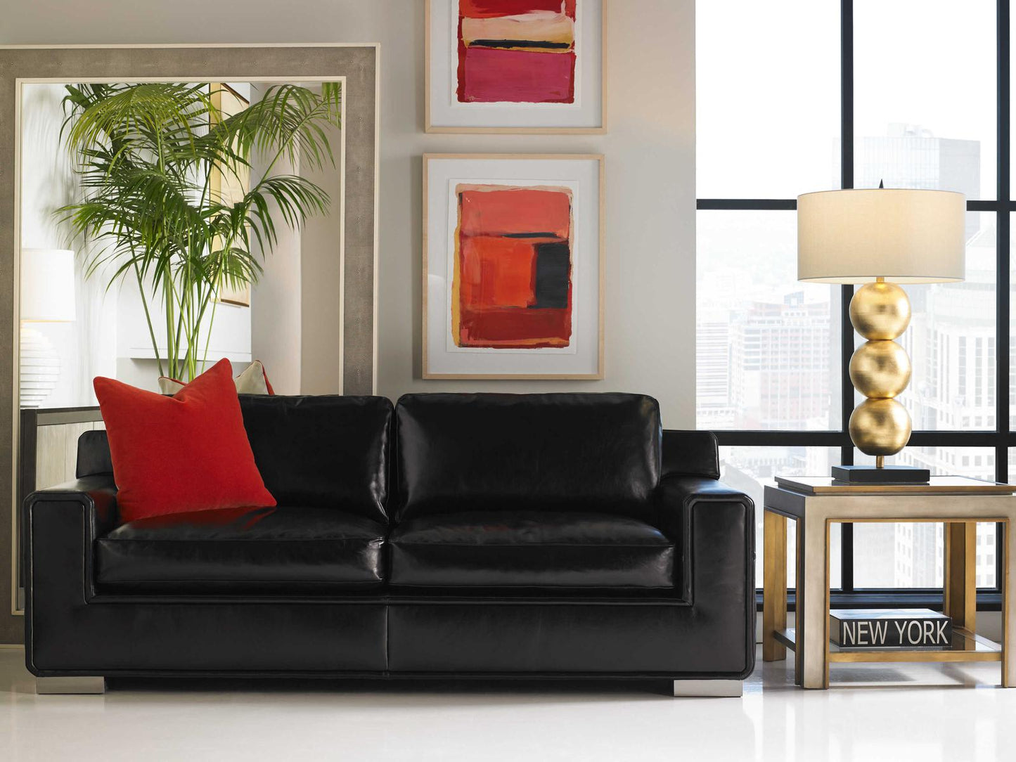 Hinson 2-Seat Black Leather Sofa with Clear Lacquer Metal Legs