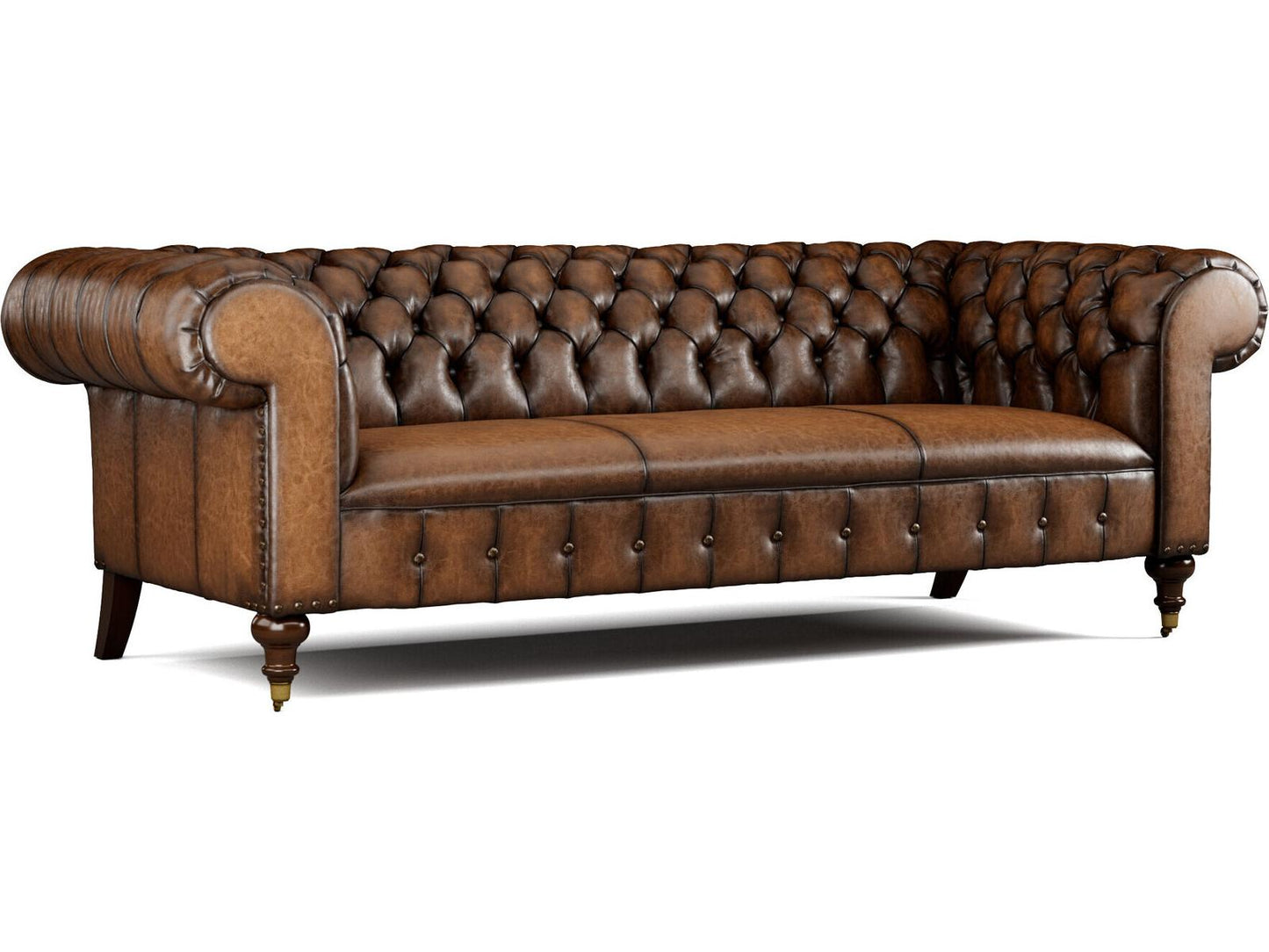 Daniel Leather Sofa with Tufted Back and Brass Casters