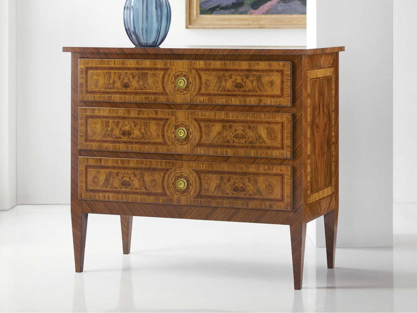 Bezier 3-Drawer Burlwood Nightstand Brown with Brass Hardware