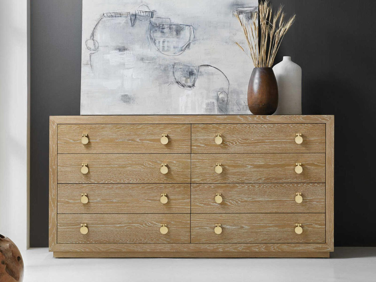 Mirage Beige Oak Wood Double Dresser with Brass Accents