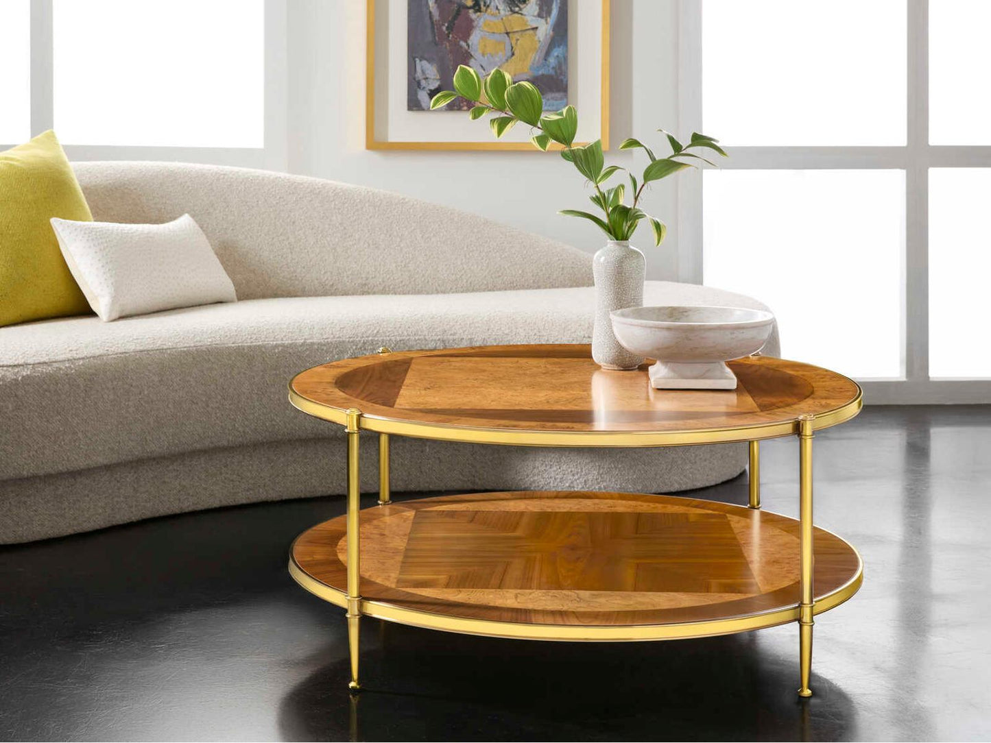 Oak Burl & Walnut Round Wood Coffee Table with PVD Brass Frame