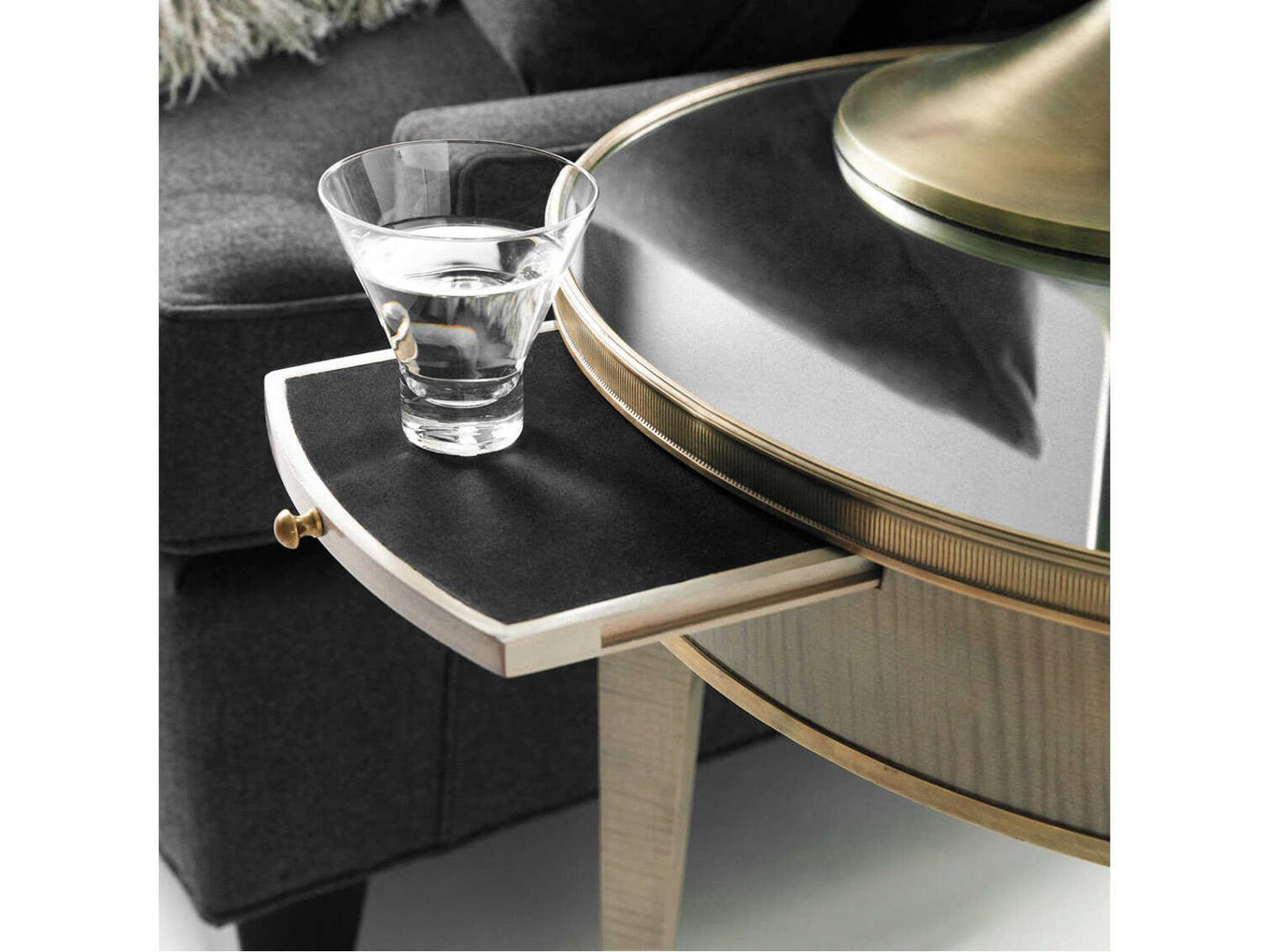 Tuxedo Round End Table in Grey Sycamore with Mirrored Top